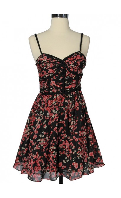 Field of Flowers Printed Dress with Braided Strap by Minuet in Black/Red